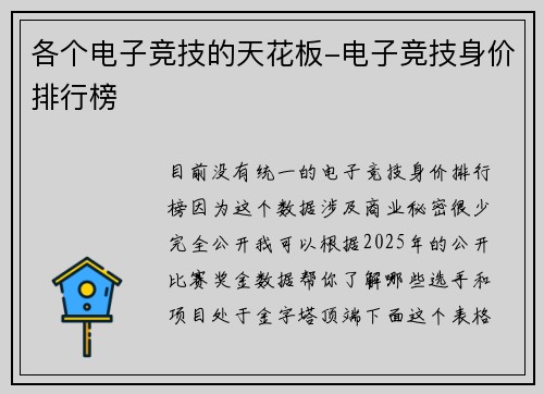 各个电子竞技的天花板-电子竞技身价排行榜